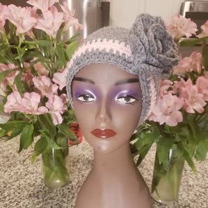 New Grey and Pink Crochet Beanie Hat With flower